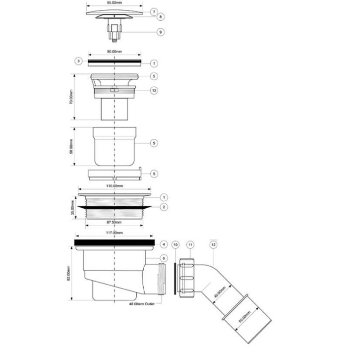 McALPINE Syfon brodzikowy "klik-klak" z odejsciem 40/50mm czyszczony od góry ,pokrywa mosiądz CHROM 113mm